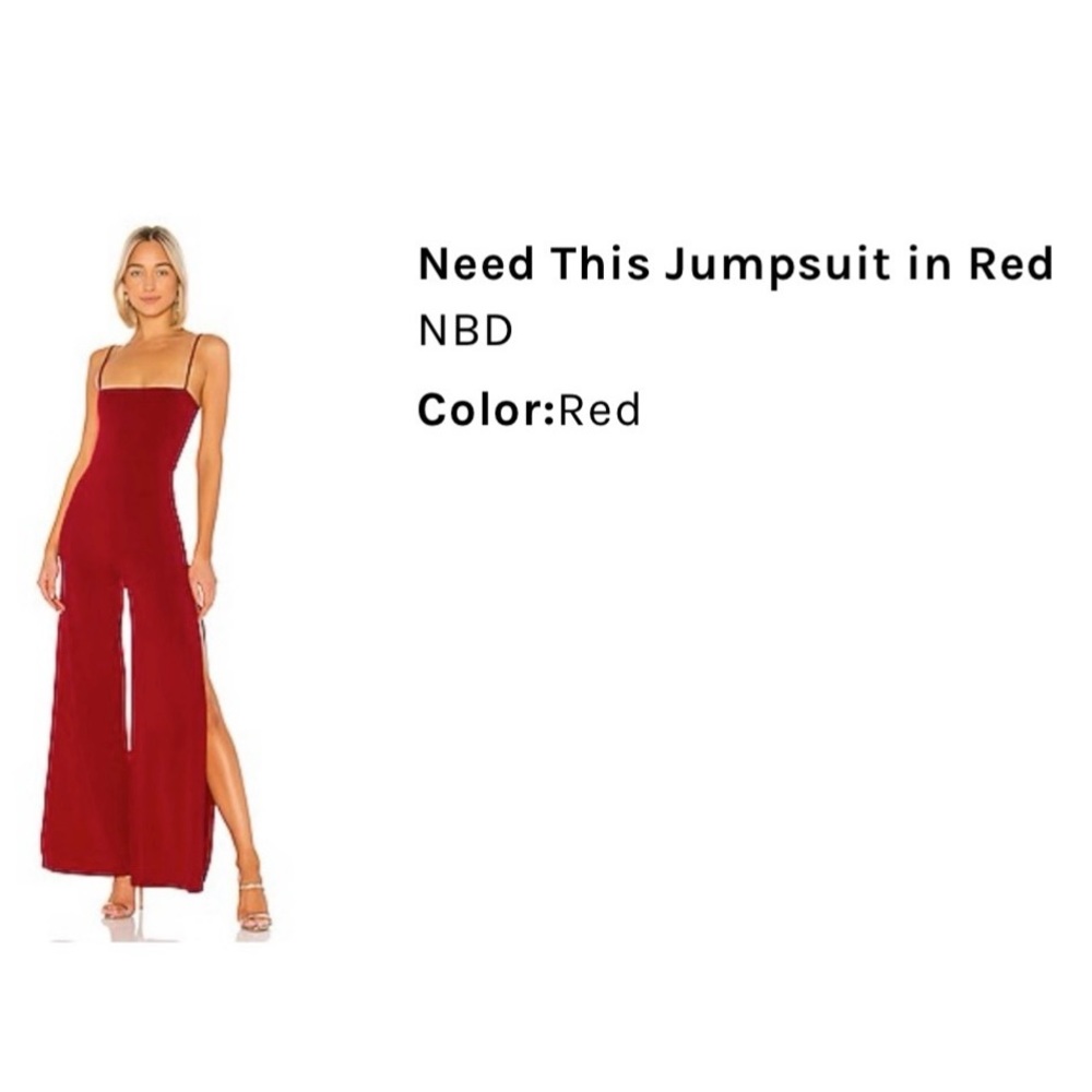 Beautiful deep red jumpsuit with open leg slits